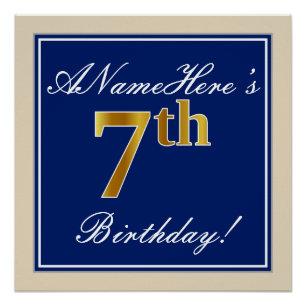 Elegant, blauw, Faux Gold 7th Birthday; aangepaste Poster