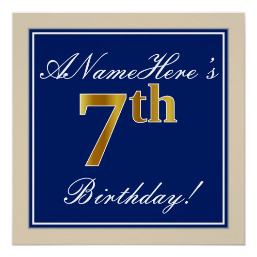 Elegant, blauw, Faux Gold 7th Birthday; aangepaste Poster (Voorkant)