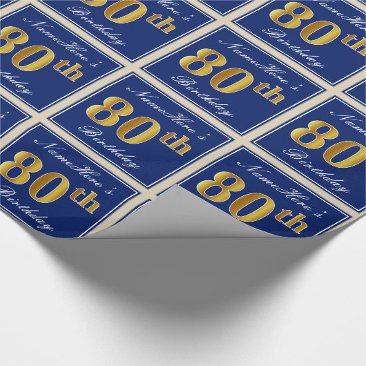 Elegant, blauw, Faux Gold 80th Birthday + naam Cadeaupapier (Hoek)