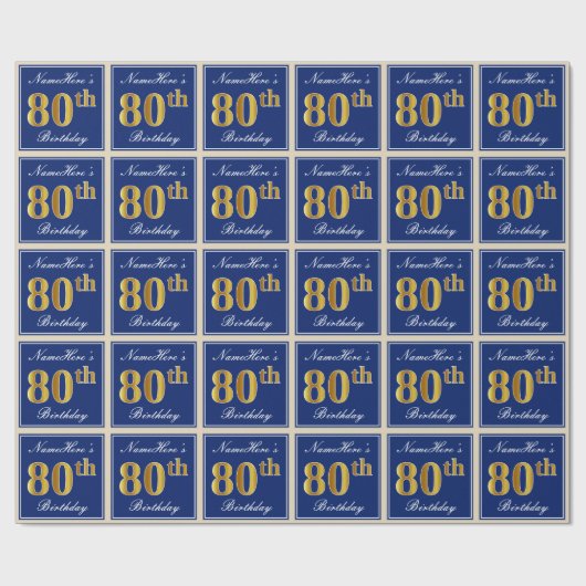 Elegant, blauw, Faux Gold 80th Birthday + naam Cadeaupapier (Vlak)