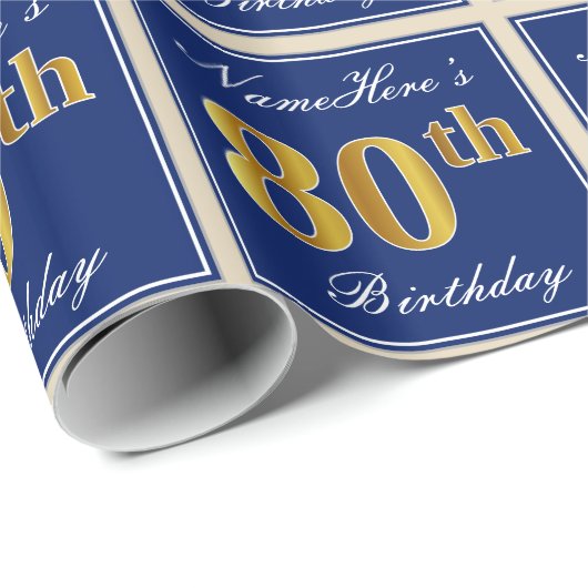 Elegant, blauw, Faux Gold 80th Birthday + naam Cadeaupapier (Rol Hoek)