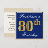 Elegant, blauw, Faux Gold 80th Birthday + naam Kaart (Voorkant / Achterkant)