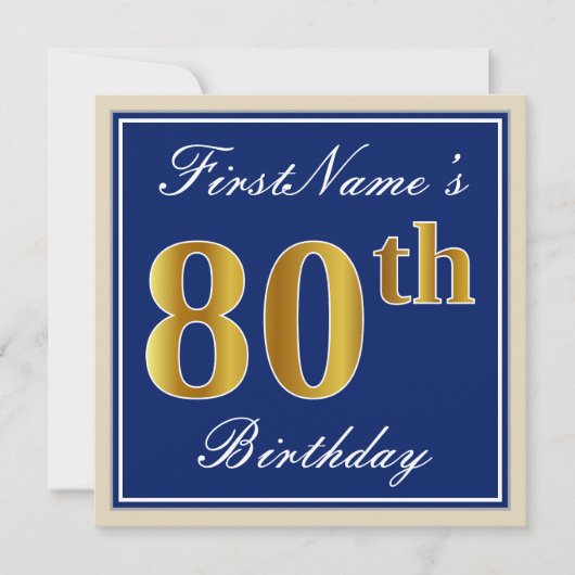 Elegant, blauw, Faux Gold 80th Birthday + naam Kaart (Voorkant)