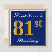 Elegant, blauw, Faux Gold 81st Birthday + naam Kaart (Voorkant / Achterkant)