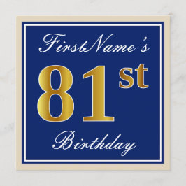 Elegant, blauw, Faux Gold 81st Birthday + naam Kaart