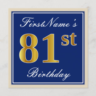 Elegant, blauw, Faux Gold 81st Birthday + naam Kaart