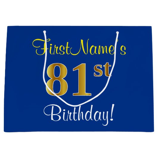 Elegant, blauw, Faux Gold 81st Birthday + naam Large Cadeautasje (Voorkant)