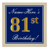 Elegant, blauw, Faux Gold 81st Birthday + naam Poster (Voorkant)
