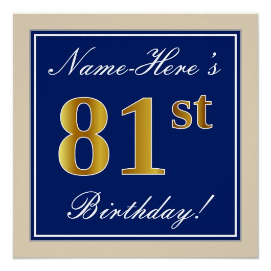 Elegant, blauw, Faux Gold 81st Birthday + naam Poster (Voorkant)