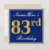 Elegant, blauw, Faux Gold 83rd Birthday + naam Kaart (Voorkant / Achterkant)
