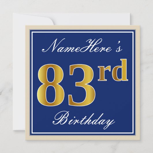 Elegant, blauw, Faux Gold 83rd Birthday + naam Kaart (Voorkant)