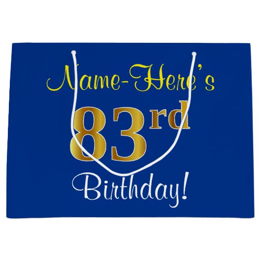 Elegant, blauw, Faux Gold 83rd Birthday + naam Large Cadeautasje (Voorkant)