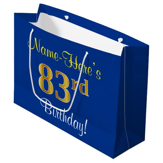 Elegant, blauw, Faux Gold 83rd Birthday + naam Large Cadeautasje (Voorkant Gekanteld)