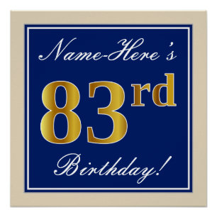 Elegant, blauw, Faux Gold 83rd Birthday + naam Perfect Poster