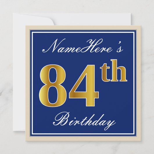 Elegant, blauw, Faux Gold 84th Birthday + naam Kaart (Voorkant)