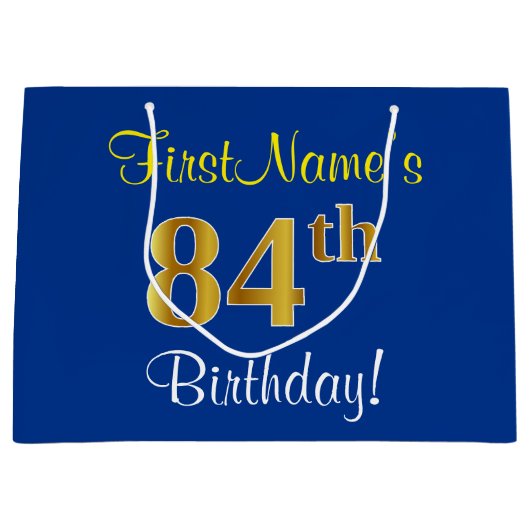 Elegant, blauw, Faux Gold 84th Birthday + naam Large Cadeautasje (Voorkant)