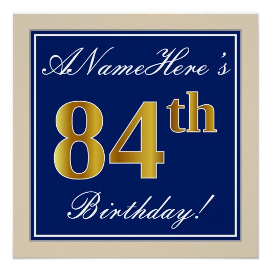 Elegant, blauw, Faux Gold 84th Birthday + naam Perfect Poster (Voorkant)