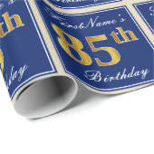 Elegant, blauw, Faux Gold 85th Birthday + naam Cadeaupapier (Rol Hoek)