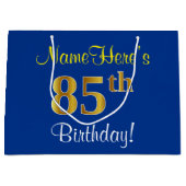 Elegant, blauw, Faux Gold 85th Birthday + naam Groot Cadeauzakje (Voorkant)