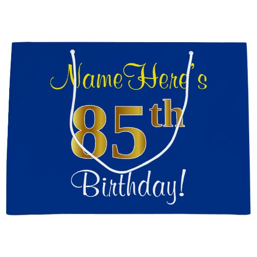 Elegant, blauw, Faux Gold 85th Birthday + naam Groot Cadeauzakje (Voorkant)