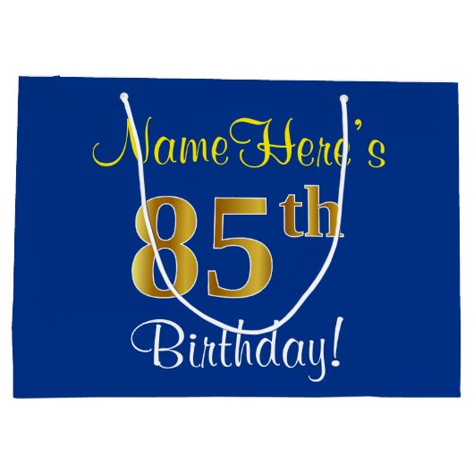 Elegant, blauw, Faux Gold 85th Birthday + naam Groot Cadeauzakje (Achterkant)