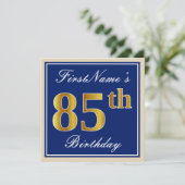 Elegant, blauw, Faux Gold 85th Birthday + naam Kaart (Staand voorkant)