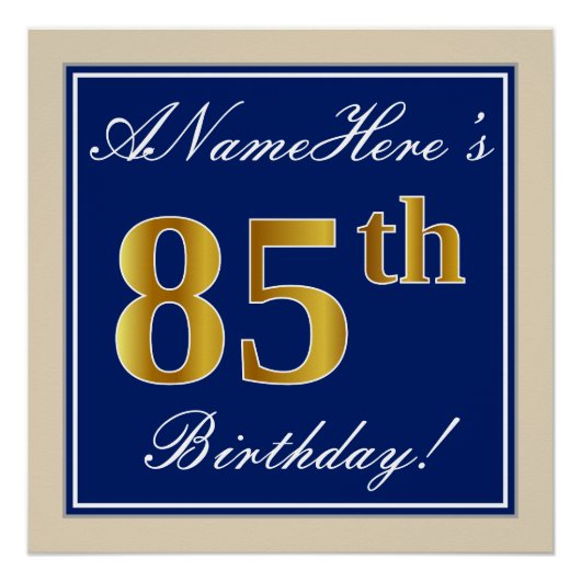 Elegant, blauw, Faux Gold 85th Birthday + naam Poster (Voorkant)