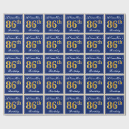 Elegant, blauw, Faux Gold 86th Birthday + naam Cadeaupapier