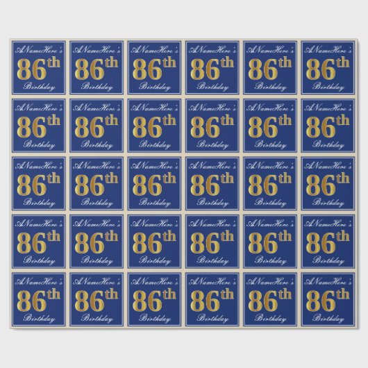 Elegant, blauw, Faux Gold 86th Birthday + naam Cadeaupapier (Vlak)
