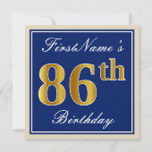 Elegant, blauw, Faux Gold 86th Birthday + naam Kaart (Voorkant)