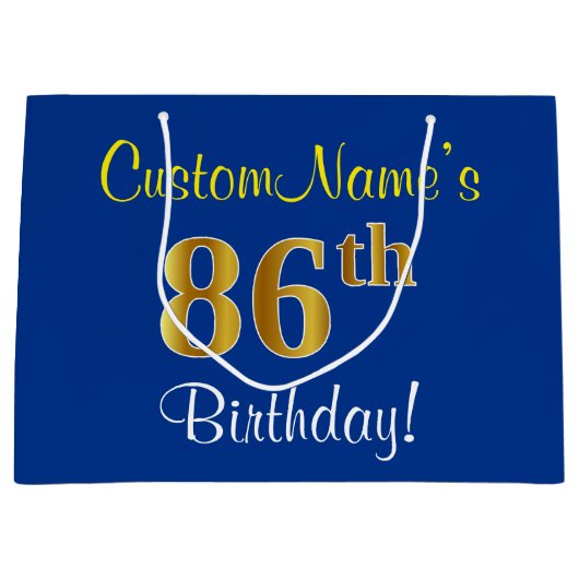Elegant, blauw, Faux Gold 86th Birthday + naam Large Cadeautasje (Voorkant)