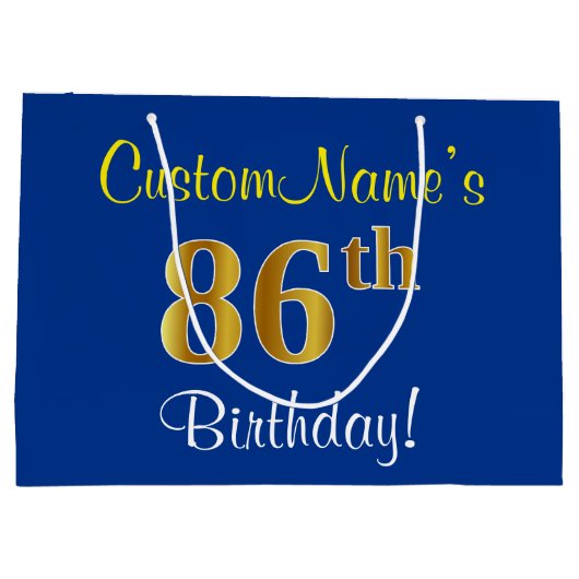 Elegant, blauw, Faux Gold 86th Birthday + naam Large Cadeautasje (Achterkant)