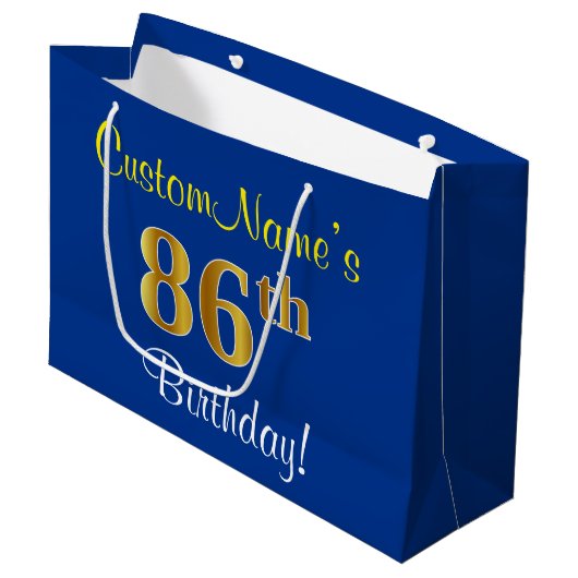 Elegant, blauw, Faux Gold 86th Birthday + naam Large Cadeautasje (Voorkant Gekanteld)