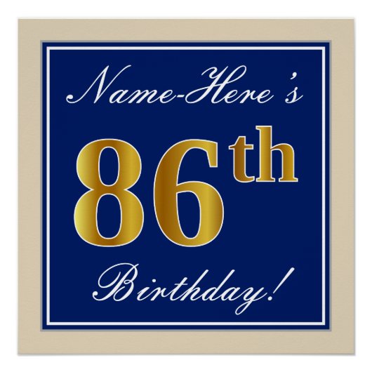 Elegant, blauw, Faux Gold 86th Birthday + naam Poster (Voorkant)