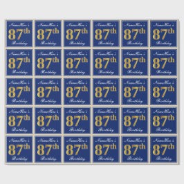 Elegant, blauw, Faux Gold 87th Birthday + naam Cadeaupapier