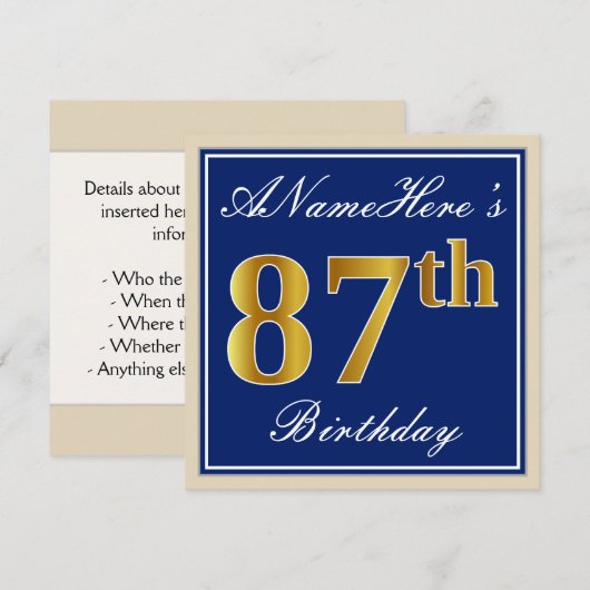 Elegant, blauw, Faux Gold 87th Birthday + naam Kaart (Voorkant / Achterkant)