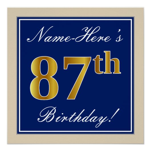 Elegant, blauw, Faux Gold 87th Birthday + naam Poster (Voorkant)