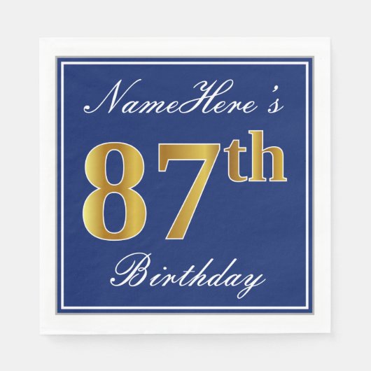 Elegant Blauw, Faux Gold 87th Verjaardag; Aangepas Servetten (Voorkant)