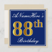 Elegant, blauw, Faux Gold 88th Birthday + naam Kaart (Voorkant / Achterkant)