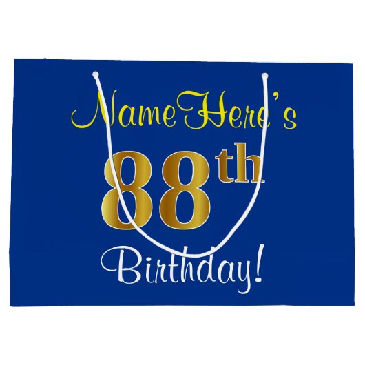 Elegant, blauw, Faux Gold 88th Birthday + naam Large Cadeautasje (Achterkant)
