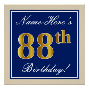 Elegant, blauw, Faux Gold 88th Birthday + naam Poster