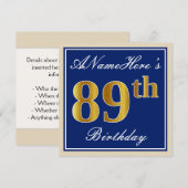 Elegant, blauw, Faux Gold 89th Birthday + naam Kaart (Voorkant / Achterkant)