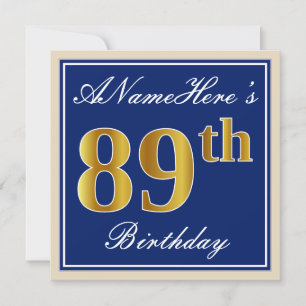 Elegant, blauw, Faux Gold 89th Birthday + naam Kaart