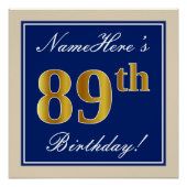 Elegant, blauw, Faux Gold 89th Birthday + naam Perfect Poster (Voorkant)
