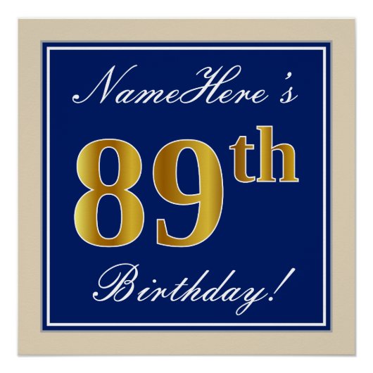 Elegant, blauw, Faux Gold 89th Birthday + naam Perfect Poster (Voorkant)