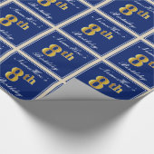 Elegant, blauw, Faux Gold 8th Birthday; aangepaste Cadeaupapier (Hoek)