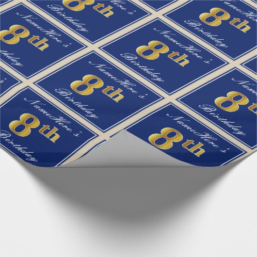 Elegant, blauw, Faux Gold 8th Birthday; aangepaste Cadeaupapier (Hoek)