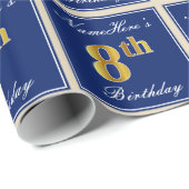 Elegant, blauw, Faux Gold 8th Birthday; aangepaste Cadeaupapier (Rol Hoek)