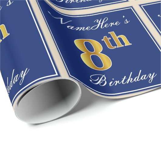 Elegant, blauw, Faux Gold 8th Birthday; aangepaste Cadeaupapier (Rol Hoek)