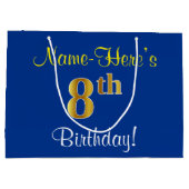 Elegant, blauw, Faux Gold 8th Birthday; aangepaste Groot Cadeauzakje (Achterkant)